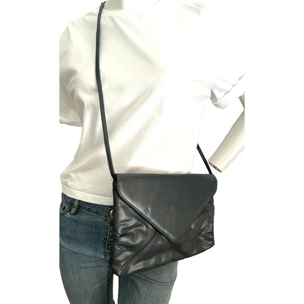 VTG 80s Envelope Crossbody Bag Gray Leather Ruched Mob Wife Quiet Luxury NOS
